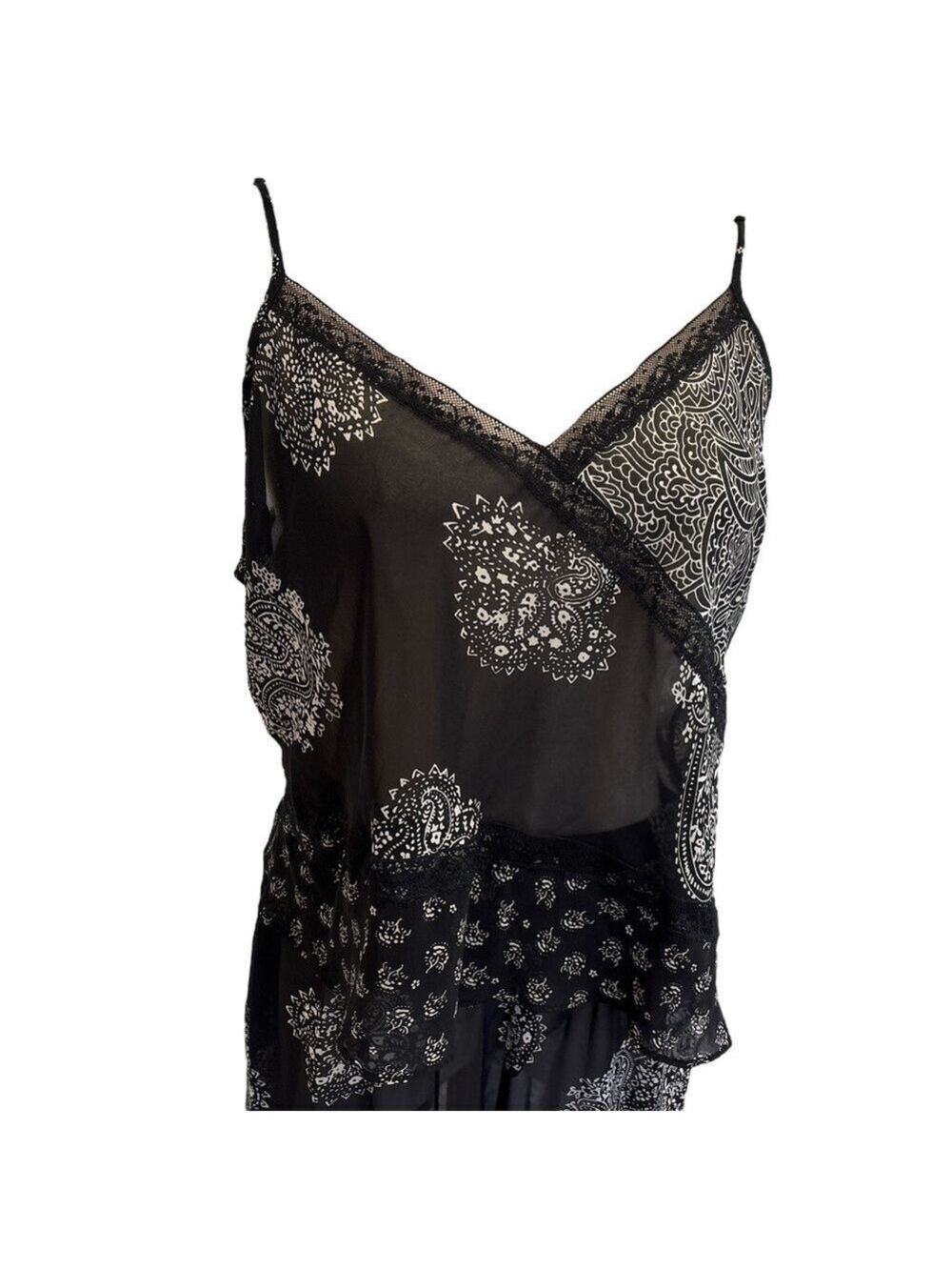 90s 2PC DELICATES BOHO SHEER BLK & CREAM PAISLEY CROP TOP & WIDE LEG PANT SZ XL - Picture 6 of 16